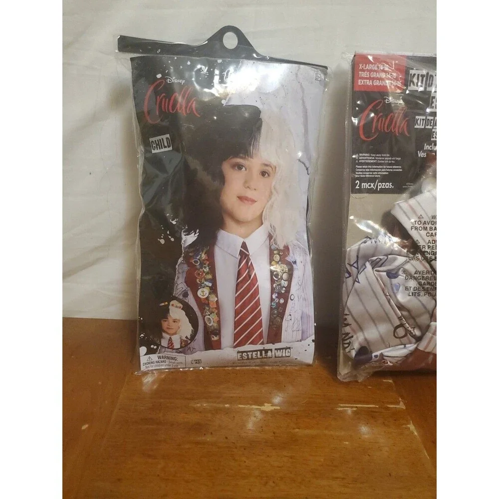 Disney Cruella Estella Girls Halloween Costume Accessory Kit Wig Size 14-16 NEW